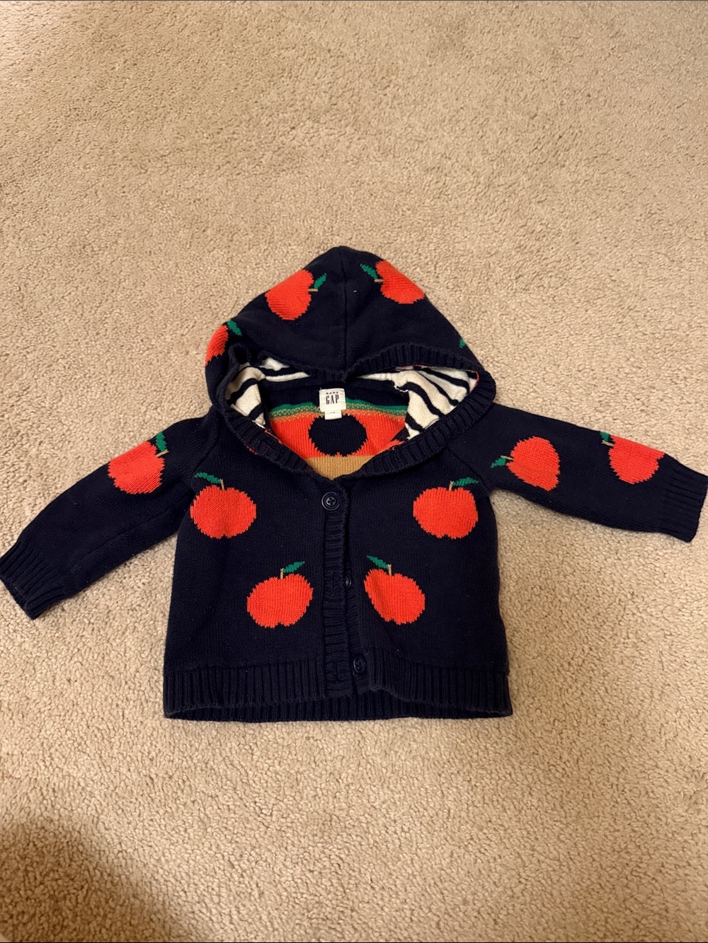 GAP Navy Hooded Cardigan with Red Apple Motif